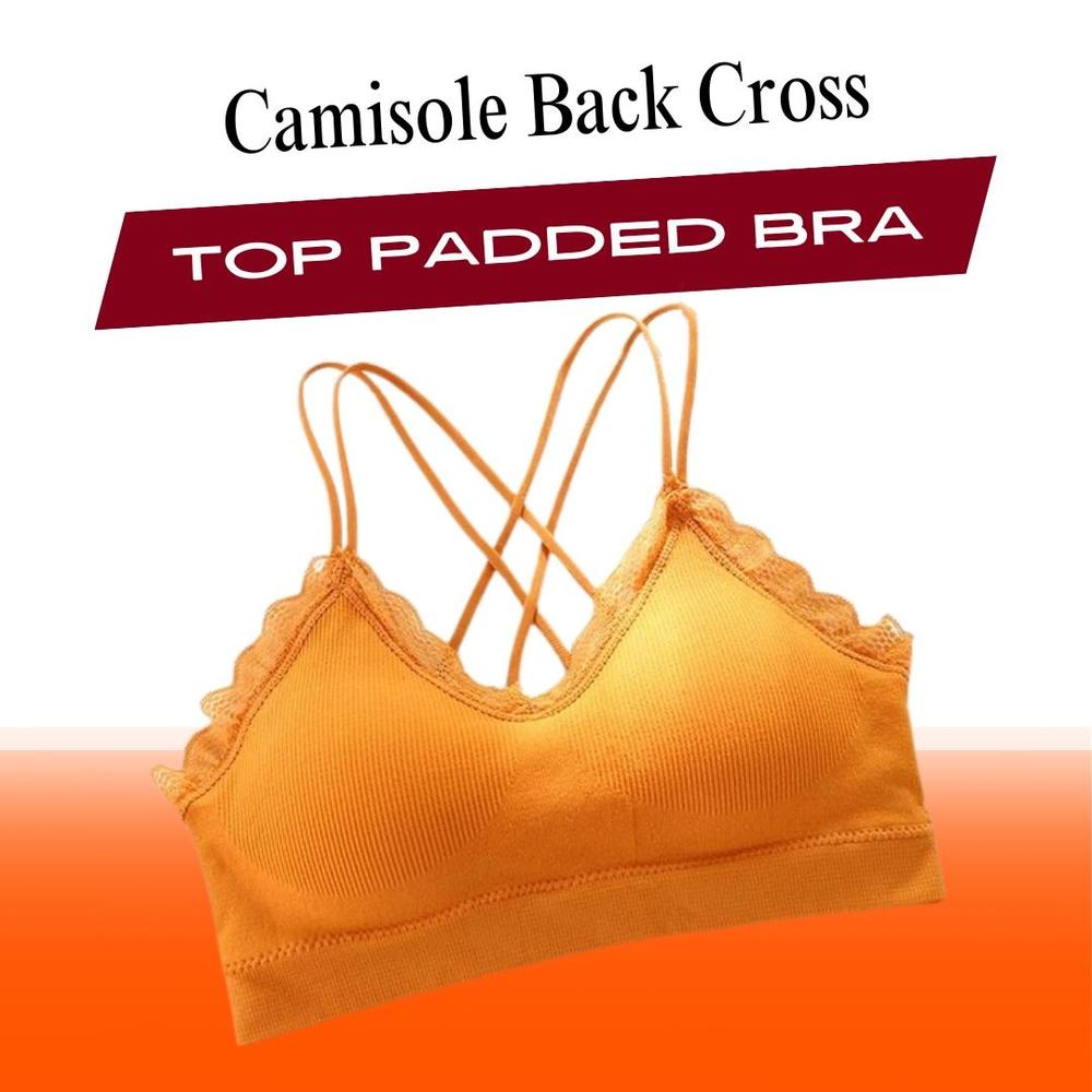 Cotton Plain Back Cross Top Padded Bra, Orange