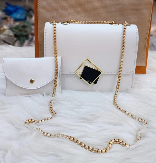 2 Pcs PU Leather Hand Bag With Long Golden Chain For Girls