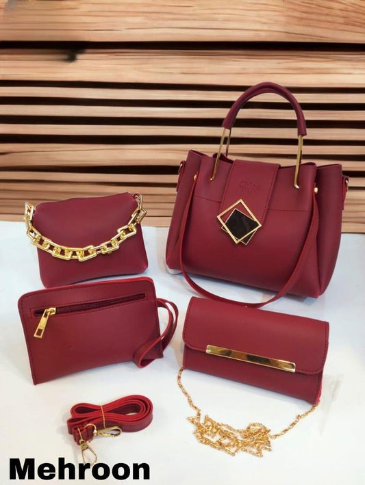 4 Pcs Women's PU Leather Plain Hand Bag Set