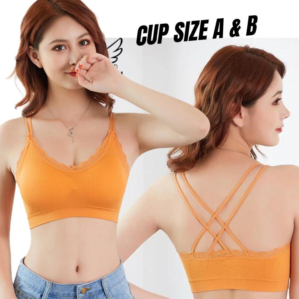 Cotton Plain Back Cross Top Padded Bra, Orange