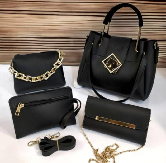 4 Pcs Women's PU Leather Plain Hand Bag Set Black