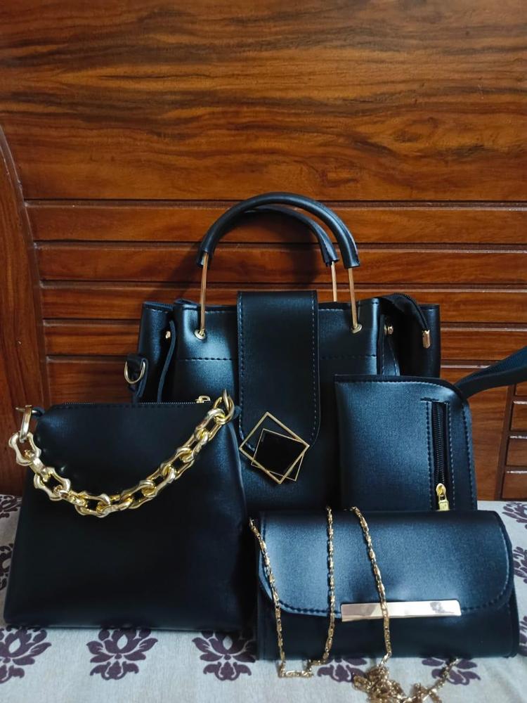 4 Pcs Women's PU Leather Plain Hand Bag Set Black