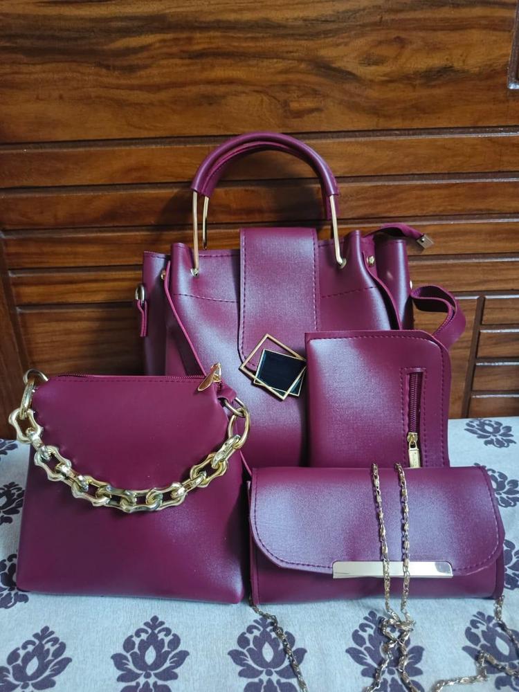 4 Pcs Women's PU Leather Plain Hand Bag Set