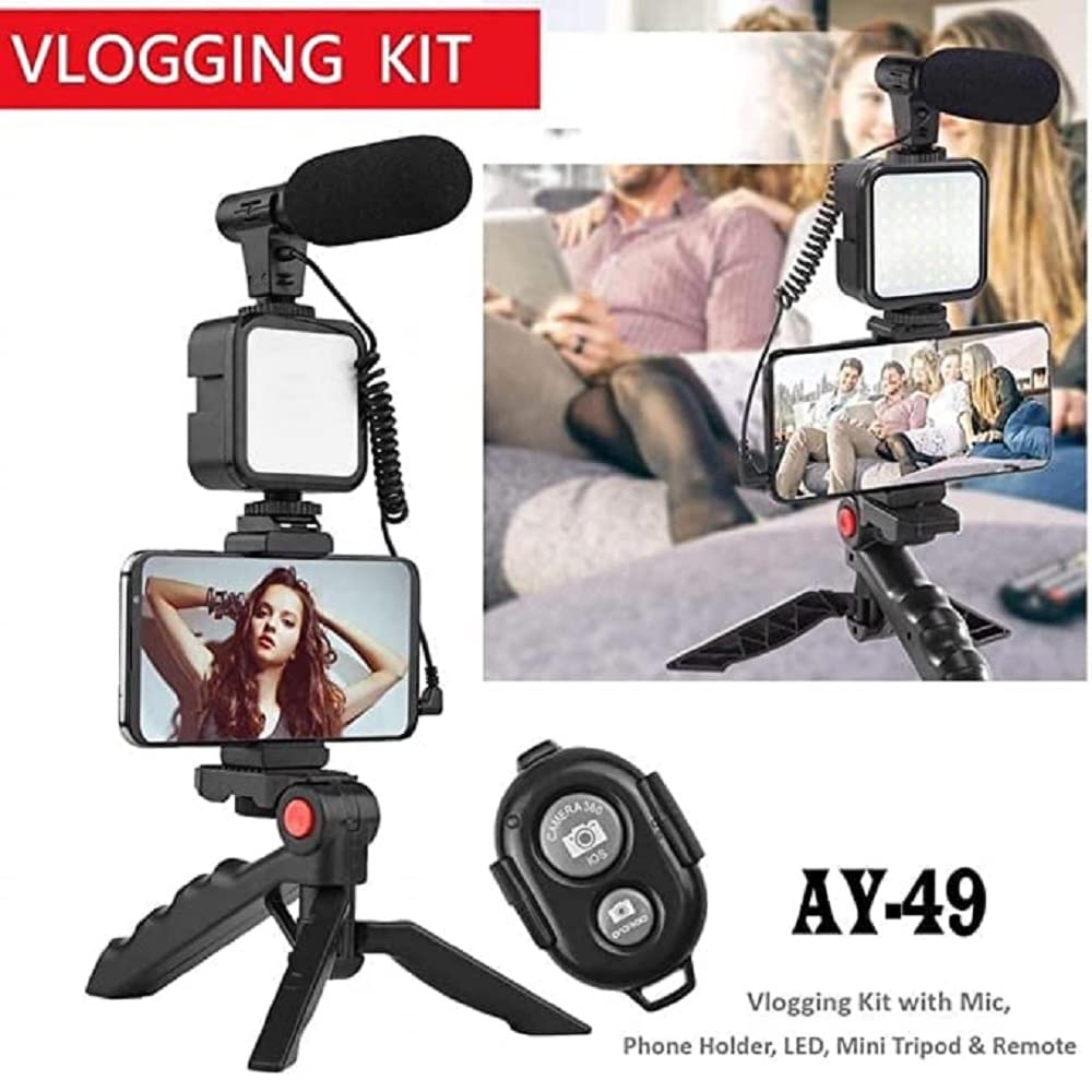 Vlogging Kit Accessories for Mobile Phone DSLR Camera Video Recording with Tripod Shoot Mic 360 LED Remote Selfie Light for Live Streaming Short Film