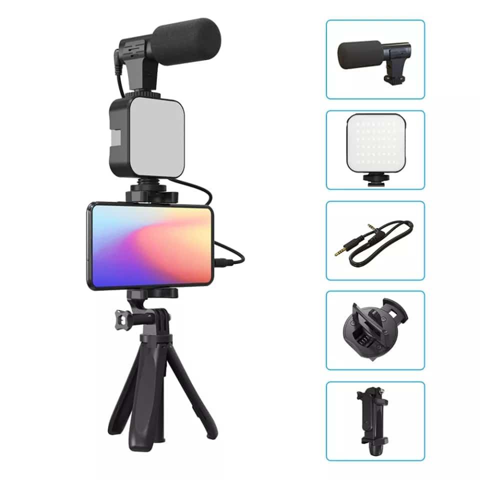 Vlogging Kit Accessories for Mobile Phone DSLR Camera Video Recording with Tripod Shoot Mic 360 LED Remote Selfie Light for Live Streaming Short Film